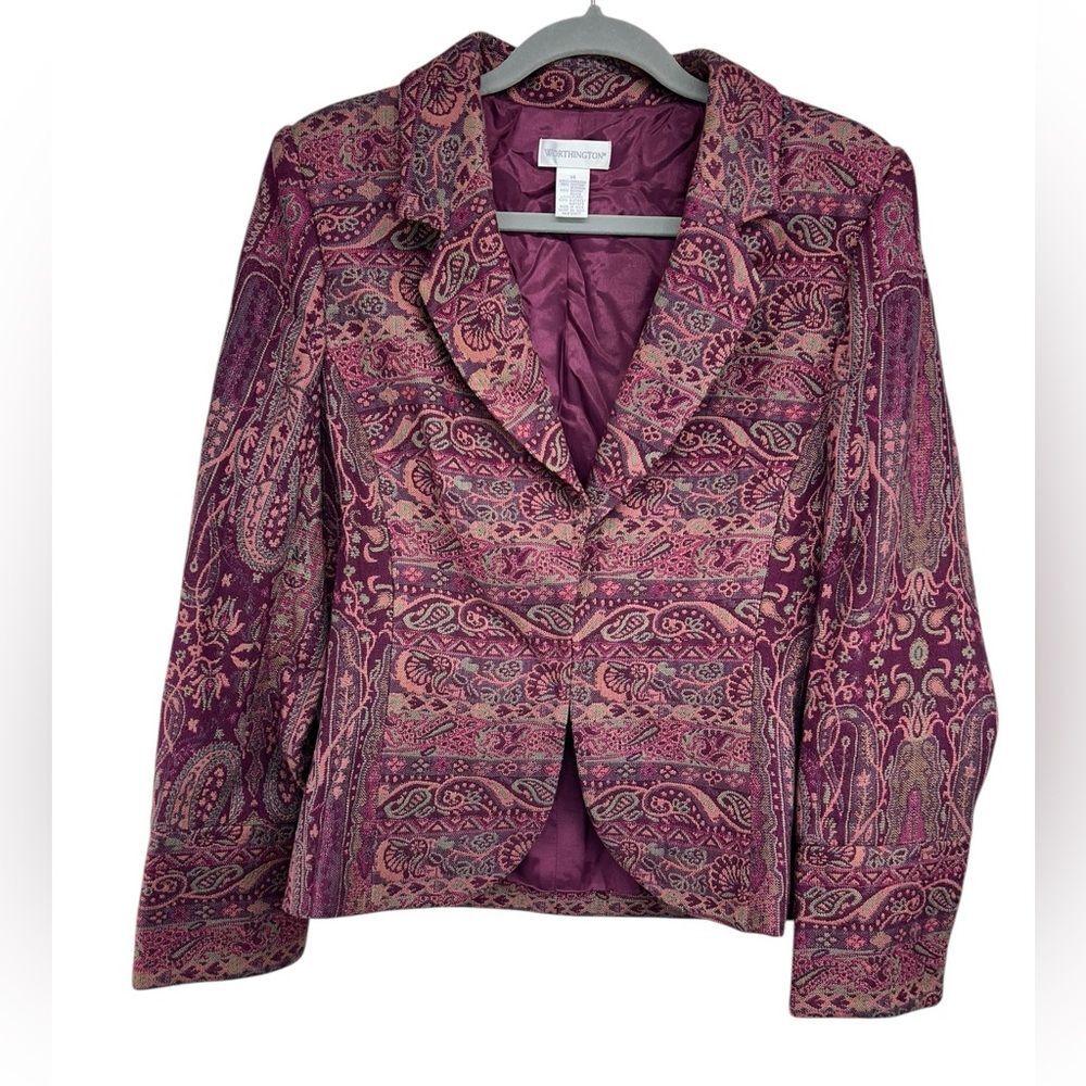 Vtg Worthington Maroon Tapestry Blazer Jacket Womens 14